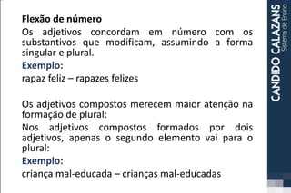 Flexão de número
Os adjetivos concordam em número com os
substantivos que modificam, assumindo a forma
singular e plural.
Exemplo:
rapaz feliz – rapazes felizes
Os adjetivos compostos merecem maior atenção na
formação de plural:
Nos adjetivos compostos formados por dois
adjetivos, apenas o segundo elemento vai para o
plural:
Exemplo:
criança mal-educada – crianças mal-educadas
 