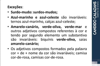 Exceções:
• Surdo-mudo: surdos-mudos;
• Azul-marinho e azul-celeste são invariáveis:
ternos azul-marinho, calças azul-celeste;
• Amarelo-canário, verde-oliva, verde-mar e
outros adjetivos compostos referentes à cor e
tendo por segundo elemento um substantivo
são invariáveis: biquínis verde-oliva, saias
amarelo-canário;
• Os adjetivos compostos formados pela palavra
cor + de + nome da cor são invariáveis; camisa
cor-de-rosa, camisas cor-de-rosa.
 