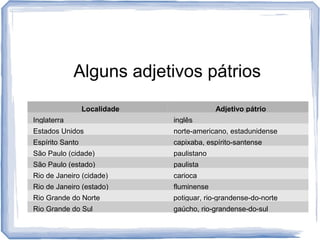 Alguns adjetivos pátrios 
LLooccaalliiddaaddee AAddjjeettiivvoo ppááttrriioo 
Inglaterra inglês 
Estados Unidos norte-americano, estadunidense 
Espírito Santo capixaba, espírito-santense 
São Paulo (cidade) paulistano 
São Paulo (estado) paulista 
Rio de Janeiro (cidade) carioca 
Rio de Janeiro (estado) fluminense 
Rio Grande do Norte potiguar, rio-grandense-do-norte 
Rio Grande do Sul gaúcho, rio-grandense-do-sul 
 