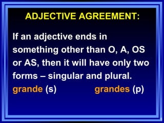 ADJECTIVE AGREEMENT: If an adjective ends in something other than O, A, OS or AS, then it will have only two forms – singular and plural. grande  (s) grandes  (p) 
