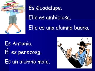 Es Guadalupe.
Ella es ambiciosa.
Ella es una alumna buena.
Es Antonio.
Él es perezoso.
Es un alumno malo.
 