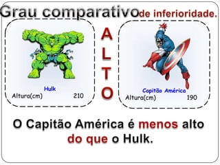 Hulk              Capitão América
Altura(cm)          210   Altura(cm)             190
 