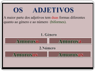 A maior parte dos adjetivos tem duas formas diferentes
quanto ao género e ao número (biformes).
 