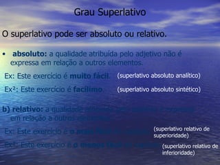 Grau Superlativo O superlativo pode ser absoluto ou relativo. absoluto:  a qualidade atribuída pelo adjetivo não é expressa em relação a outros elementos. Ex: Este exercício é  muito fácil . Ex²: Este exercício é  facílimo . (superlativo absoluto analítico) (superlativo absoluto sintético) b) relativo:  a qualidade atribuída pelo adjetivo é expressa em relação a outros elementos. Ex: Este exercício é  o mais fácil  do capítulo. Ex²: Este exercício é  o menos fácil  do capítulo. (superlativo relativo de superioridade) (superlativo relativo de inferioridade) 