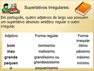 Superlativos Irregulares:




Adjetivo        Forma regular            Forma
                                       irregular
 bom              boníssimo              ótimo
 mau              malíssimo            péssimo
grande          grandíssimo ou         máximo
pequen          grandessíssimo         mínimo
   o             pequeníssimo
 