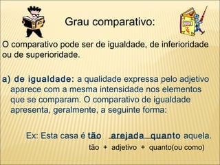 Grau comparativo:
O comparativo pode ser de igualdade, de inferioridade
ou de superioridade.

a) de igualdade: a qualidade expressa pelo adjetivo
  aparece com a mesma intensidade nos elementos
  que se comparam. O comparativo de igualdade
  apresenta, geralmente, a seguinte forma:


      Ex: Esta casa é tão ________ _______
                      ___  arejada quanto aquela.
                      tão + adjetivo + quanto(ou como)
 