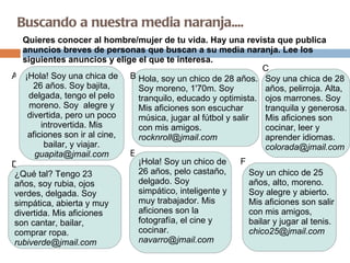 Buscando a nuestra media naranja.... Quieres conocer al hombre/mujer de tu vida. Hay una revista que publica anuncios breves de personas que buscan a su media naranja. Lee los siguientes anuncios y elige el que te interesa. ¡Hola! Soy una chica de 26 años. Soy bajita, delgada, tengo el pelo moreno. Soy  alegre y divertida, pero un poco introvertida. Mis aficiones son ir al cine, bailar, y viajar.  [email_address] A Hola, soy un chico de 28 años. Soy moreno, 1'70m. Soy tranquilo, educado y optimista. Mis aficiones son escuchar música, jugar al fútbol y salir con mis amigos.  [email_address] B ¿Qué tal? Tengo 23 años, soy rubia, ojos verdes, delgada. Soy simpática, abierta y muy divertida. Mis aficiones son cantar, bailar, comprar ropa.  [email_address] ¡Hola! Soy un chico de 26 años, pelo castaño, delgado. Soy simpático, inteligente y muy trabajador. Mis aficiones son la fotografía, el cine y cocinar.  [email_address] D E Soy una chica de 28 años, pelirroja. Alta, ojos marrones. Soy tranquila y generosa. Mis aficiones son cocinar, leer y aprender idiomas.  [email_address] C Soy un chico de 25 años, alto, moreno. Soy alegre y abierto. Mis aficiones son salir con mis amigos, bailar y jugar al tenis.  [email_address] F 