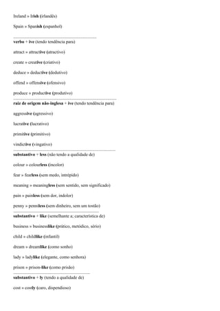 Ireland » Irish (irlandês)
Spain » Spanish (espanhol)
...........................................................................
verbo + ive (tendo tendência para)
attract » attractive (atractivo)
create » creative (criativo)
deduce » deductive (dedutivo)
offend » offensive (ofensivo)
produce » productive (produtivo)
.............................................................................................
raiz de origem não-inglesa + ive (tendo tendência para)
aggressive (agressivo)
lucrative (lucrativo)
primitive (primitivo)
vindictive (vingativo)
............................................................................................
substantivo + less (não tendo a qualidade de)
colour » colourless (incolor)
fear » fearless (sem medo, intrépido)
meaning » meaningless (sem sentido, sem significado)
pain » painless (sem dor, indolor)
penny » penniless (sem dinheiro, sem um tostão)
.............................................................................
substantivo + like (semelhante a; característica de)
business » businesslike (prático, metódico, sério)
child » childlike (infantil)
dream » dreamlike (como sonho)
lady » ladylike (elegante, como senhora)
prison » prison-like (como prisão)
.....................................................................
substantivo + ly (tendo a qualidade de)
cost » costly (caro, dispendioso)
 
