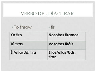 VERBO DEL DÍA: TIRAR
• To throw • tir
Yo tiro Nosotros tiramos
Tú tiras Vosotros tiráis
Él/ella/Ud. tira Ellos/ellas/Uds.
tiran
 