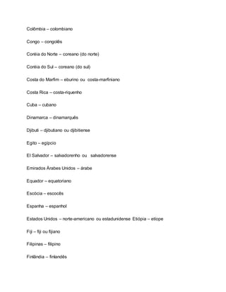 Colômbia – colombiano
Congo – congolês
Coréia do Norte – coreano (do norte)
Coréia do Sul – coreano (do sul)
Costa do Marfim – eburino ou costa-marfiniano
Costa Rica – costa-riquenho
Cuba – cubano
Dinamarca – dinamarquês
Djibuti – djibutiano ou djibitiense
Egito – egípcio
El Salvador – salvadorenho ou salvadorense
Emirados Árabes Unidos – árabe
Equador – equatoriano
Escócia – escocês
Espanha – espanhol
Estados Unidos – norte-americano ou estadunidense Etiópia – etíope
Fiji – fiji ou fijiano
Filipinas – filipino
Finlândia – finlandês
 