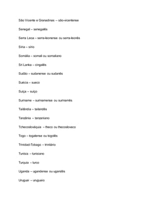 São Vicente e Granadinas – são-vicentense
Senegal – senegalês
Serra Leoa – serra-leonense ou serra-leonês
Síria – sírio
Somália – somali ou somaliano
Sri Lanka – cingalês
Sudão – sudanense ou sudanês
Suécia – sueco
Suíça – suíço
Suriname – surinamense ou surinamês
Tailândia – tailandês
Tanzânia – tanzaniano
Tchecoslováquia – theco ou thecoslovaco
Togo – togalense ou togolês
Trinidad-Tobago – trinitário
Tunísia – tunisiano
Turquia – turco
Uganda – ugandense ou ugandês
Uruguai – uruguaio
 