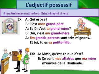 Elementswww.animationfactory.comคาคุณศัพท์แสดงความเป็ นเจ้าของ มีตาแหน่งอยู่หน้าคานาม
L’adjectif possessif
EX: A: Qui est-ce?
B: C’est mon grand-père.
A: Et là, c’est ta grand-mère?
B: Oui, c’est ma grand-mère.
A: Tes grands-parents sont très mignons.
Et toi, tu es sa petite-fille.
EX: A: Mme, qu’est-ce que c’est?
B: Ce sont mes affaires que ma mère
m’envoie de la Thailande.
 