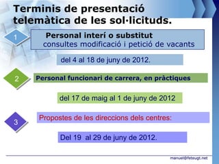 Terminis de presentació
telemàtica de les sol·licituds.
1      Personal interí o substitut
      consultes modificació i petició de vacants

           del 4 al 18 de juny de 2012.

2   Personal funcionari de carrera, en pràctiques


           del 17 de maig al 1 de juny de 2012

     Propostes de les direccions dels centres:
3

           Del 19 al 29 de juny de 2012.

                                             manuel@feteugt.net
 