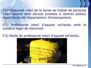 F) Professorat interí de la borsa de treball de personal
interí docent amb serveis prestats a centres públics
dependents del departament d’ensenyament.

F.1) Professorat interí d'aquest col·lectiu amb la
condició legal de disminuït.

F.2) Resta de professorat interí d'aquest col·lectiu.




                                                manuel@feteugt.net
 
