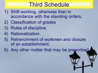 Third Schedule Shift working, otherwise than in accordance with the standing orders.  Classification of grades  Rules of discipline.  Rationalization.  Retrenchment of workmen and closure of an establishment.  Any other matter that may be prescribed.  