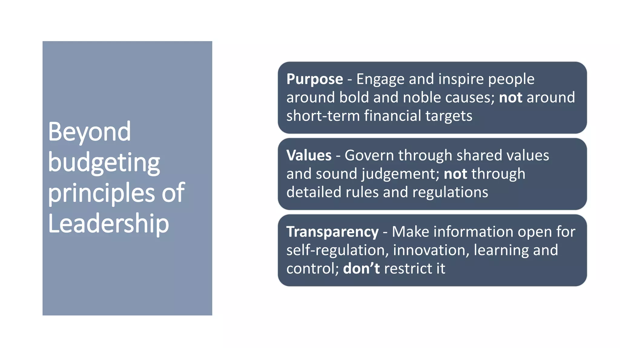 Beyond
budgeting
principles of
Leadership
Purpose - Engage and inspire people
around bold and noble causes; not around
short-term financial targets
Values - Govern through shared values
and sound judgement; not through
detailed rules and regulations
Transparency - Make information open for
self-regulation, innovation, learning and
control; don’t restrict it
 