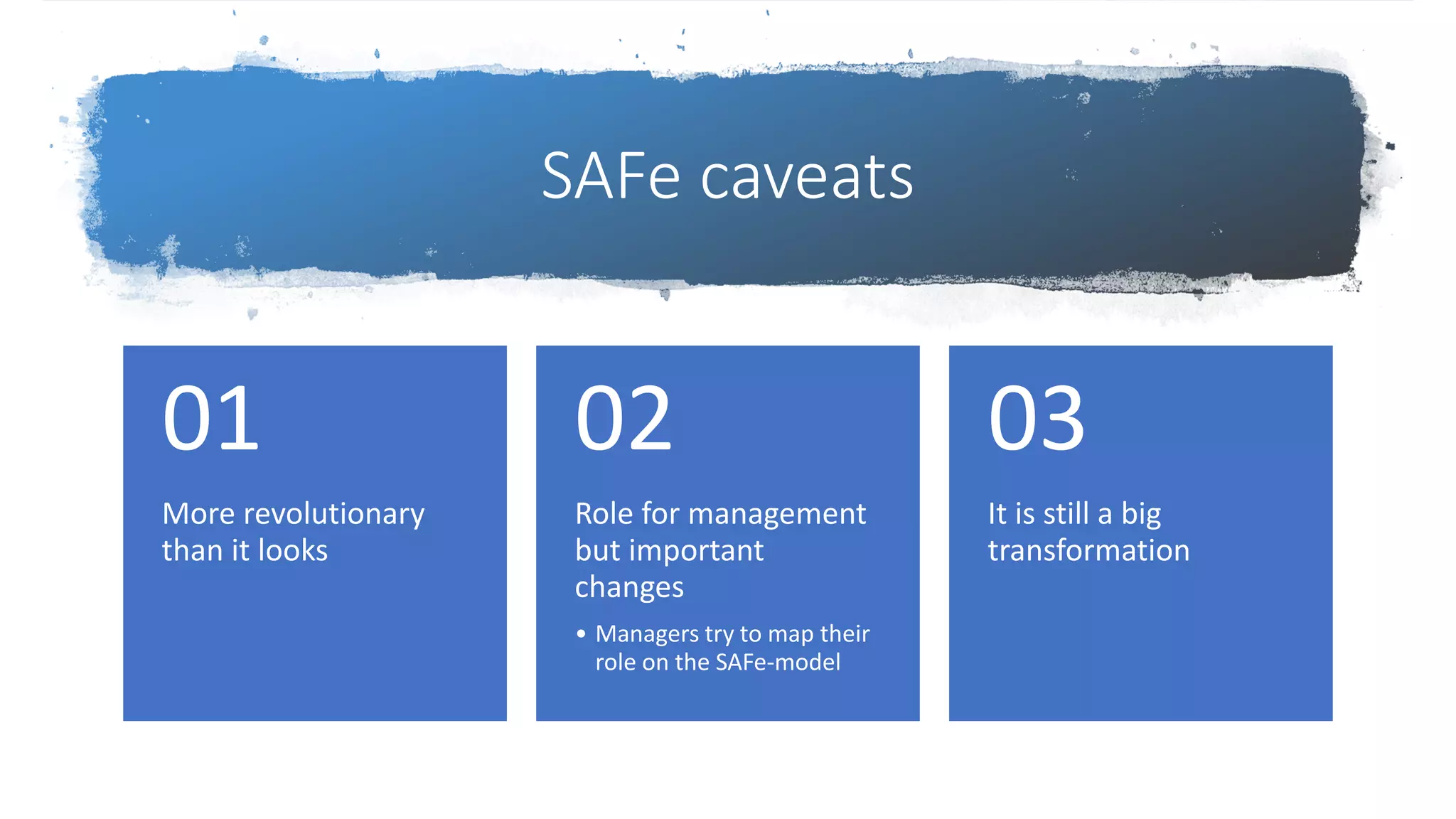 SAFe caveats
More revolutionary
than it looks
01
Role for management
but important
changes
• Managers try to map their
role on the SAFe-model
02
It is still a big
transformation
03
 