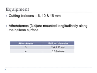 Equipment
 Cutting balloons – 6, 10 & 15 mm
 Atherotomes (3-4)are mounted longitudinally along
the balloon surface
Atherotomes Balloon diameter
3 2 & 3.25 mm
4 3.5 & 4 mm
 