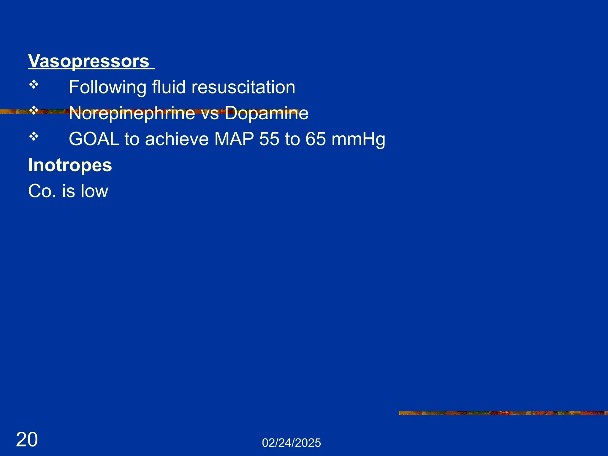 02/24/2025
20
Vasopressors
 Following fluid resuscitation
 Norepinephrine vs Dopamine
 GOAL to achieve MAP 55 to 65 mmHg
Inotropes
Co. is low
 