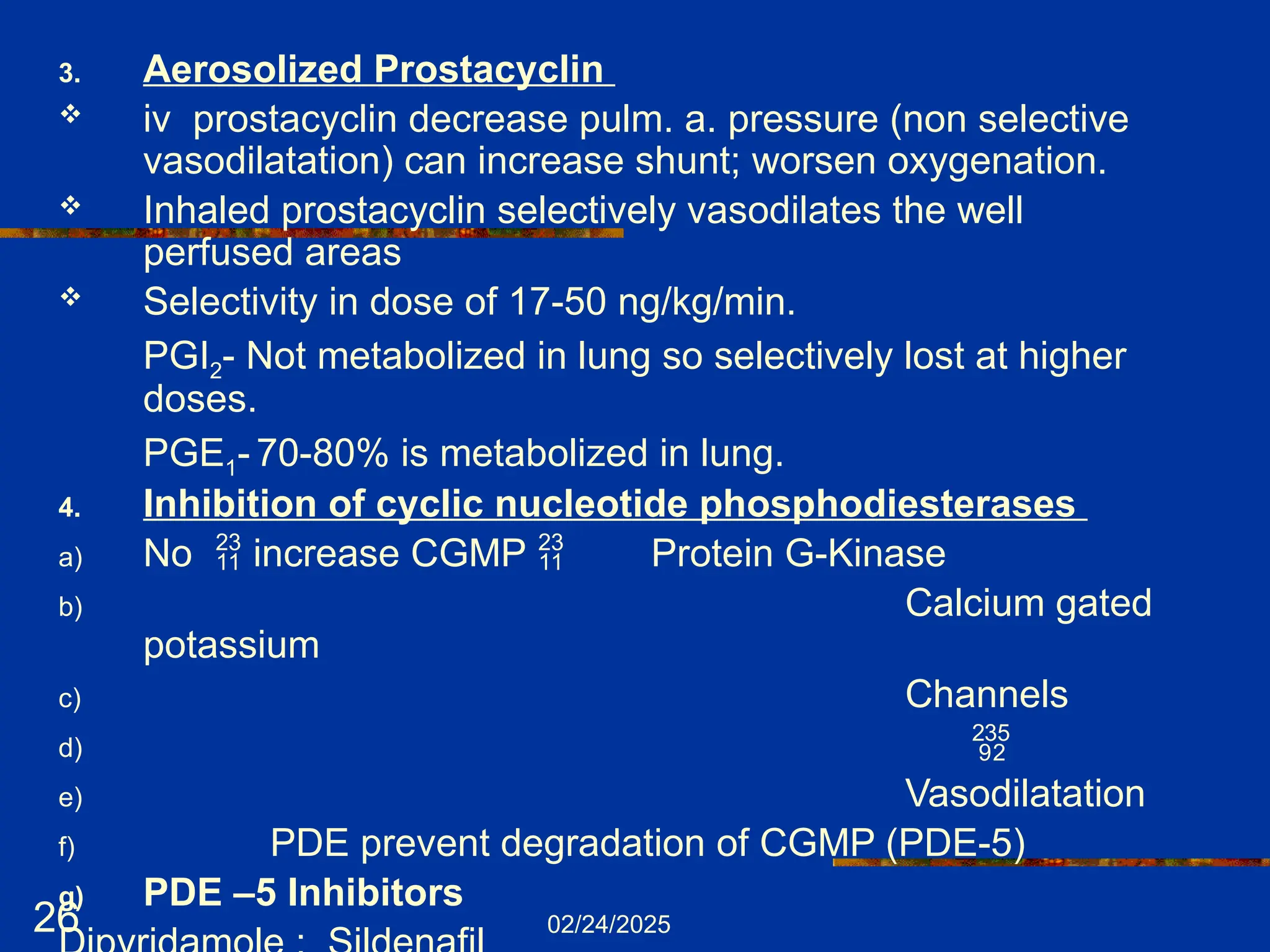 02/24/2025
26
3. Aerosolized Prostacyclin
 iv prostacyclin decrease pulm. a. pressure (non selective
vasodilatation) can increase shunt; worsen oxygenation.
 Inhaled prostacyclin selectively vasodilates the well
perfused areas
 Selectivity in dose of 17-50 ng/kg/min.
PGI2- Not metabolized in lung so selectively lost at higher
doses.
PGE1- 70-80% is metabolized in lung.
4. Inhibition of cyclic nucleotide phosphodiesterases
a) No  increase CGMP  Protein G-Kinase
b) Calcium gated
potassium
c) Channels
d) 
e) Vasodilatation
f) PDE prevent degradation of CGMP (PDE-5)
g) PDE –5 Inhibitors
 