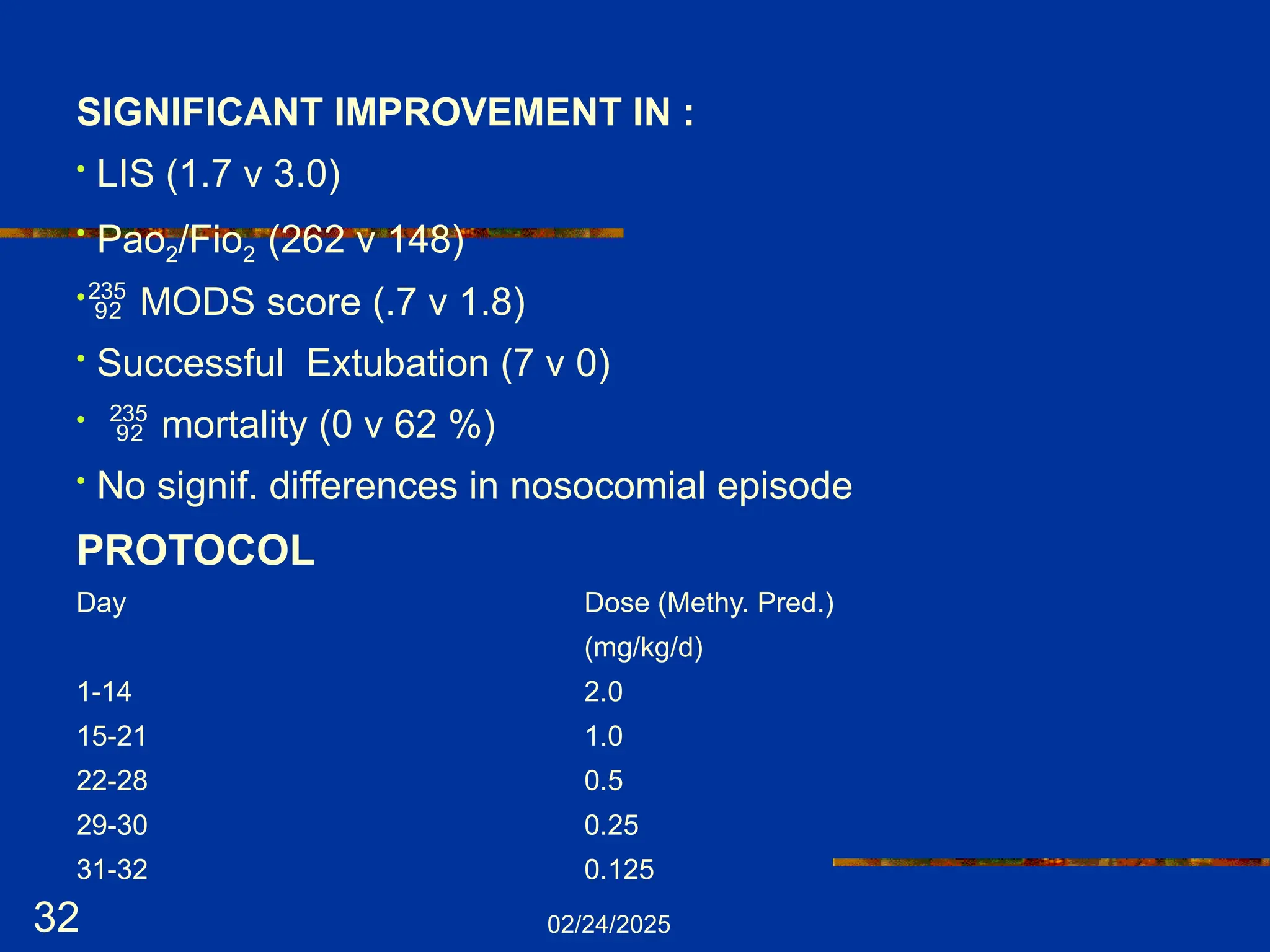 02/24/2025
32
SIGNIFICANT IMPROVEMENT IN :
• LIS (1.7 v 3.0)
• Pao2/Fio2 (262 v 148)
• MODS score (.7 v 1.8)
• Successful Extubation (7 v 0)
•  mortality (0 v 62 %)
• No signif. differences in nosocomial episode
PROTOCOL
Day Dose (Methy. Pred.)
(mg/kg/d)
1-14 2.0
15-21 1.0
22-28 0.5
29-30 0.25
31-32 0.125
 