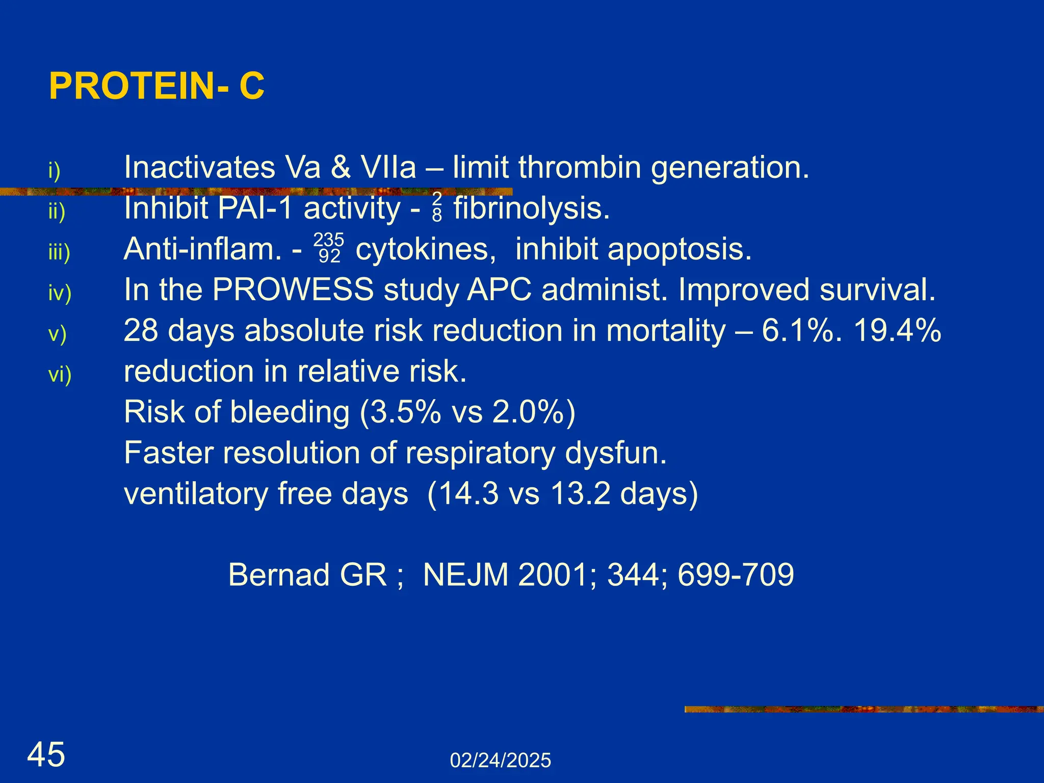 02/24/2025
45
PROTEIN- C
i) Inactivates Va & VIIa – limit thrombin generation.
ii) Inhibit PAI-1 activity -  fibrinolysis.
iii) Anti-inflam. -  cytokines, inhibit apoptosis.
iv) In the PROWESS study APC administ. Improved survival.
v) 28 days absolute risk reduction in mortality – 6.1%. 19.4%
vi) reduction in relative risk.
­ Risk of bleeding (3.5% vs 2.0%)
Faster resolution of respiratory dysfun.
­ ventilatory free days (14.3 vs 13.2 days)
Bernad GR ; NEJM 2001; 344; 699-709
 