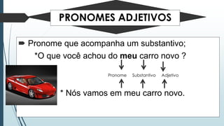 PRONOMES ADJETIVOS 
 Pronome que acompanha um substantivo; 
*O que você achou do meu carro novo ? 
Pronome Substantivo Adjetivo 
* Nós vamos em meu carro novo. 
 