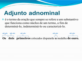 Adjunto adnominal
⚫ é o termo da oração que sempre se refere a um substantivo
que funciona como núcleo de um termo, a fim de
determiná-lo, indeterminá-lo ou caracterizá-lo.
adj. adn. adj. adn. adj. adn. adj. adn. adj: adn.
Os dois primeiros colocados disputarão a medalha de ouro.
 