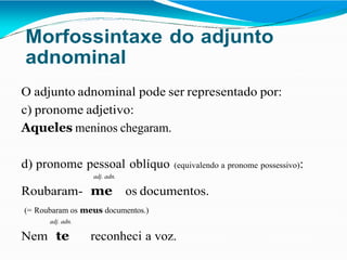 Morfossintaxe do adjunto
adnominal
O adjunto adnominal pode ser representado por:
c) pronome adjetivo:
Aqueles meninos chegaram.
d) pronome pessoal oblíquo (equivalendo a pronome possessivo):
adj. adn.
Roubaram- me os documentos.
(= Roubaram os meus documentos.)
adj. adn.
Nem te reconheci a voz.
 