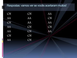 Respostas: vamos ver se vocês acertaram muitos!

CN              CN              AA
AA              AA              CN
CN              AA              AA
AA              CN              CN
AA              CN              AA
CN              CN
AA              CN
 