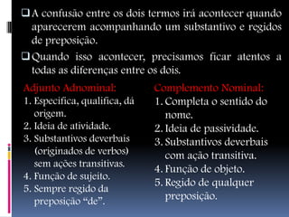  A confusão entre os dois termos irá acontecer quando
  aparecerem acompanhando um substantivo e regidos
  de preposição.
 Quando isso acontecer, precisamos ficar atentos a
  todas as diferenças entre os dois.
Adjunto Adnominal:             Complemento Nominal:
1. Especifica, qualifica, dá   1. Completa o sentido do
   origem.                        nome.
2. Ideia de atividade.         2. Ideia de passividade.
3. Substantivos deverbais      3. Substantivos deverbais
   (originados de verbos)         com ação transitiva.
   sem ações transitivas.
                               4. Função de objeto.
4. Função de sujeito.
                               5. Regido de qualquer
5. Sempre regido da
   preposição “de”.               preposição.
 