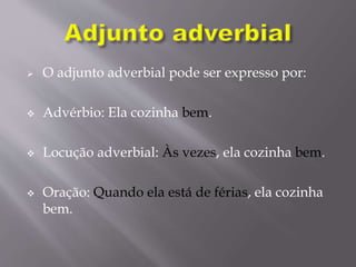 O adjunto adverbial pode ser expresso por:
 Advérbio: Ela cozinha bem.
 Locução adverbial: Às vezes, ela cozinha bem.
 Oração: Quando ela está de férias, ela cozinha
bem.
 