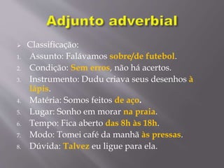  Classificação:
1. Assunto: Falávamos sobre/de futebol.
2. Condição: Sem erros, não há acertos.
3. Instrumento: Dudu criava seus desenhos à
lápis.
4. Matéria: Somos feitos de aço.
5. Lugar: Sonho em morar na praia.
6. Tempo: Fica aberto das 8h às 18h.
7. Modo: Tomei café da manhã às pressas.
8. Dúvida: Talvez eu ligue para ela.
 