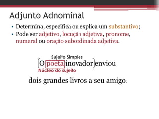 Adjunto Adnominal
• Determina, especifica ou explica um substantivo;
• Pode ser adjetivo, locução adjetiva, pronome,
numeral ou oração subordinada adjetiva.
O poeta inovador enviou
dois grandes livros a seu amigo.
Sujeito Simples
Núcleo do sujeito
 
