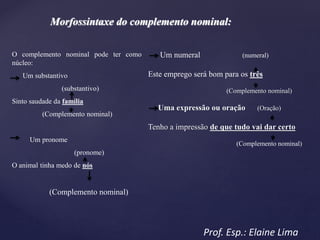 Morfossintaxe do complemento nominal:
Prof. Esp.: Elaine Lima
O complemento nominal pode ter como
núcleo:
Um substantivo
(substantivo)
Sinto saudade da família
(Complemento nominal)
Um pronome
(pronome)
O animal tinha medo de nós
(Complemento nominal)
Um numeral (numeral)
Este emprego será bom para os três
(Complemento nominal)
Uma expressão ou oração (Oração)
Tenho a impressão de que tudo vai dar certo
(Complemento nominal)
 