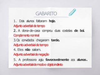 GABARITO
1. Dois alunos faltaram ho
je.
Adjuntoadv
er
bia
ldetempo
2. A dona-de-casa comprou dua
s costelas de b
o
i
.
C
o
m
p
l
e
m
e
n
t
on
o
m
i
n
a
l
3
.O
s con
vida
dos chegaram tarde.
Adjuntoadverbialdetempo
4. Eles n
ão saíram.
Adjuntoadverbialdenegação
5. A professora agiu favoravelmente a
o
s alunos.
Adjuntoadverbialdemodoe objetoindireto
 