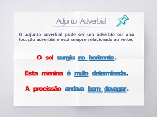 O adjunto adverbial pode ser um advérbio ou uma
locução adverbial e está sempre relacionado ao verbo.
O sol surgiu n
o horizonte.
Esta menina é m
u
i
t
o determinada.
A procissão andava bem devagar.
Adjunto Adverbial
 