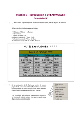 Práctica 9 - Introducción a DREAMWEAVER
Formularios (II)
1) Realizad la siguiente página Web con Dreamweaver (en una página en blanco).
Debe tener las siguientes características:
- Tabla, con 9 filas y 4 columnas
- Todo centrado.
- Tamaño del borde = 3
- Color del fondo de la 1ª línea, Verde
- Color del fondo de la 2ª línea, Azulado
- Color del fondo del resto de la tabla, Plateado
HOTEL LAS FUENTES * * * *
TABLA DE PRECIOS 2005
TEMPORADA ALTA TEMPORADA BAJA
HAB.
INDIVIDUAL
55.00
HAB.
INDIVIDUAL
40.00
HAB. DOBLE 68.00 HAB. DOBLE 58.00
SUIT 125.00 SUIT 100.00
DESAYUNO 10.00 DESAYUNO 8.00
COMIDA 45.00 COMIDA 32.00
CENA 48.00 CENA 35.00
Todos los Precios son en € y no incluyen el IVA
2) A continuación de la Tabla de precios de nuestra
página Web, vamos a insertar un Formulario de reservas
(dejando un par de líneas de separación) donde podamos
recoger Reservas para nuestro hotel por Internet.
Este formulario debe contener los elementos necesarios
ya vistos en la práctica anterior para que nos quede como
el que tenemos a continuación:
 