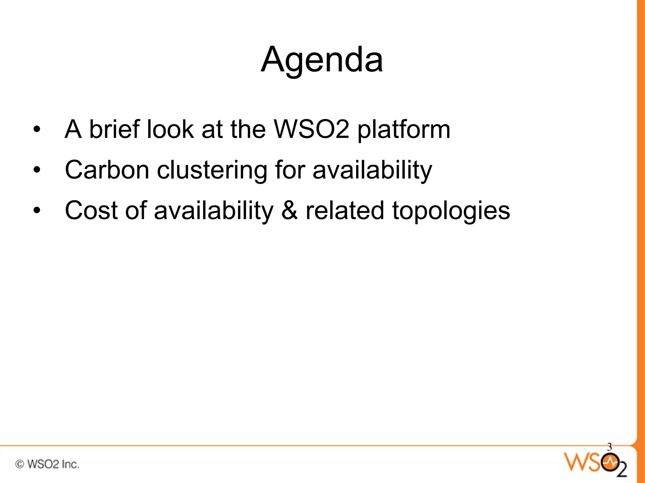 Agenda
• A brief look at the WSO2 platform
• Carbon clustering for availability
• Cost of availability & related topologies




                                              3
 