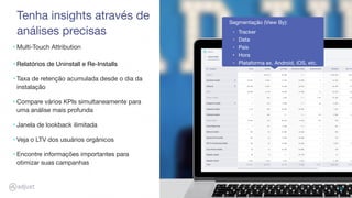 Tenha insights através de
análises precisas
Segmentação (View By):
‣ Tracker
‣ Data
‣ País
‣ Hora
‣ Plataforma ex. Android, iOS, etc.
5
‣ Multi-Touch Attribution
‣ Relatórios de Uninstall e Re-Installs
‣ Taxa de retenção acumulada desde o dia da
instalação
‣ Compare vários KPIs simultaneamente para
uma análise mais profunda
‣ Janela de lookback ilimitada
‣ Veja o LTV dos usuários orgânicos
‣ Encontre informações importantes para
otimizar suas campanhas
 