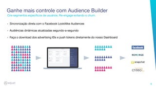6
Crie segmentos especíﬁcos de usuários. Re-engage evitando o churn.
Ganhe mais controle com Audience Builder
‣ Sincronização direta com o Facebook LookAlike Audiences
‣ Audiências dinâmicas atualizadas segundo-a-segundo
‣ Faça o download dos advertising IDs e push tokens diretamente do nosso Dashboard
 