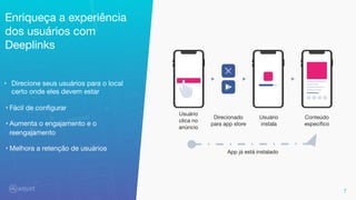 7
Enriqueça a experiência
dos usuários com
Deeplinks
‣ Direcione seus usuários para o local
certo onde eles devem estar
‣
‣ Fácil de conﬁgurar
‣ Aumenta o engajamento e o
reengajamento
‣ Melhora a retenção de usuários App já está instalado
Usuário
clica no
anúncio
Direcionado
para app store
Usuário
instala
Conteúdo
especíﬁco
 