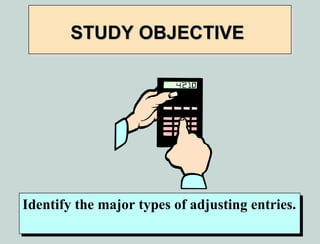 STUDY OBJECTIVE




Identify the major types of adjusting entries.
Identify the major types of adjusting entries.
 