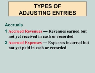 TYPES OF
      ADJUSTING ENTRIES

Accruals
1 Accrued Revenues — Revenues earned but
  not yet received in cash or recorded
2 Accrued Expenses — Expenses incurred but
  not yet paid in cash or recorded
 