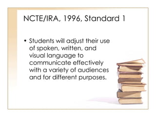 NCTE/IRA, 1996, Standard 1 Students will adjust their use of spoken, written, and visual language to communicate effectively with a variety of audiences and for different purposes. 