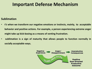 Sublimation
• t’s when we transform our negative emotions or instincts, mainly, to acceptable
behavior and positive actions. For example, a person experiencing extreme anger
might take up kick-boxing as a means of venting frustration.
• sublimation is a sign of maturity that allows people to function normally in
socially acceptable ways.
Important Defense Mechanism
 