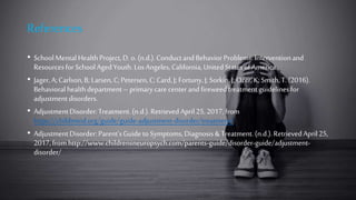 References
• SchoolMentalHealthProject,D.o.(n.d.).ConductandBehavior Problems:Interventionand
ResourcesforSchoolAgedYouth.LosAngeles,California,UnitedStatesofAmerica.
• Jager, A;Carlson,B; Larsen,C;Petersen,C;Card,J; Fortuny,J; Sorkin,J;Ozer, K;Smith,T.(2016).
Behavioral healthdepartment–primarycare center andfireweedtreatmentguidelinesfor
adjustmentdisorders.
• AdjustmentDisorder:Treatment.(n.d.).RetrievedApril25,2017,from
https://childmind.org/guide/guide-adjustment-disorder/treatment/
• AdjustmentDisorder:Parent'sGuidetoSymptoms,Diagnosis&Treatment.(n.d.).RetrievedApril25,
2017,fromhttp://www.childrensneuropsych.com/parents-guide/disorder-guide/adjustment-
disorder/
 