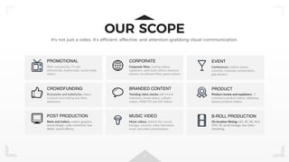 7
OUR SCOPE
It's not just a video. It’s efficient, effective, and attention-grabbing visual communication.
Web commercials, TV ads,
infomercials, testimonials, social media
videos.
PROMOTIONAL
Kickstarter and IndieGoGo videos
to boost fund-raising and drive
awareness.
CROWDFUNDING
Reels and trailers, motion graphics,
sound design, color correction, low
thirds, sound effects.
POST PRODUCTION
Corporate films, training videos,
explainers, sales team videos, business
pitches, recruitment films, green screen.
CORPORATE
Trending video stories with brand
inclusions, travel videos, culinary
videos, HOW-TO and DIY videos.
BRANDED CONTENT
Music videos, behind-the-scenes
footage, concerts, artist interviews,
music and video presentations.
MUSIC VIDEO
Conferences, fashion shows,
concerts, corporate anniversaries,
gala dinners.
EVENT
Product review and explainers. E-
commerce product videos, tabletops,
beauty products videos.
PRODUCT
On location filming: HD, 4K, 8K, Red
EPIC-W, aerial footage, live video
streaming.
B-ROLL PRODUCTION
 