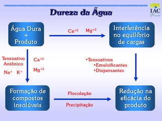 D urez a da Água
    Água D ura              Ca +2    Mg +2         I nt er ferênc ia
        +                                          no equilíbrio
     Produt o                                         de c argas

Tens oat ivo   Ca +2                 •Tens oat ivos
 Aniônic o                              •Emuls ific ant es
               Mg +2                    •D is pers ant es
 Na +   K+



    Formaç ão de           Floc ulaç ão               Reduç ão na
     c ompos t os                                     efic ác ia do
     ins olúveis           Prec ipit aç ão             produt o
 