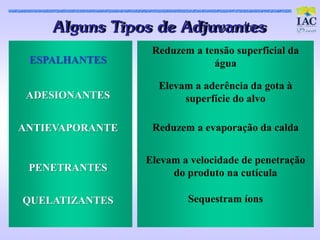 Alguns Tipos de Adjuvant es
                  Reduzem a tensão superficial da
 ESPALHANTES                  água

                   Elevam a aderência da gota à
 ADESIONANTES           superfície do alvo

ANTIEVAPORANTE    Reduzem a evaporação da calda


                 Elevam a velocidade de penetração
 PENETRANTES          do produto na cutícula

QUELATIZANTES            Sequestram íons
 